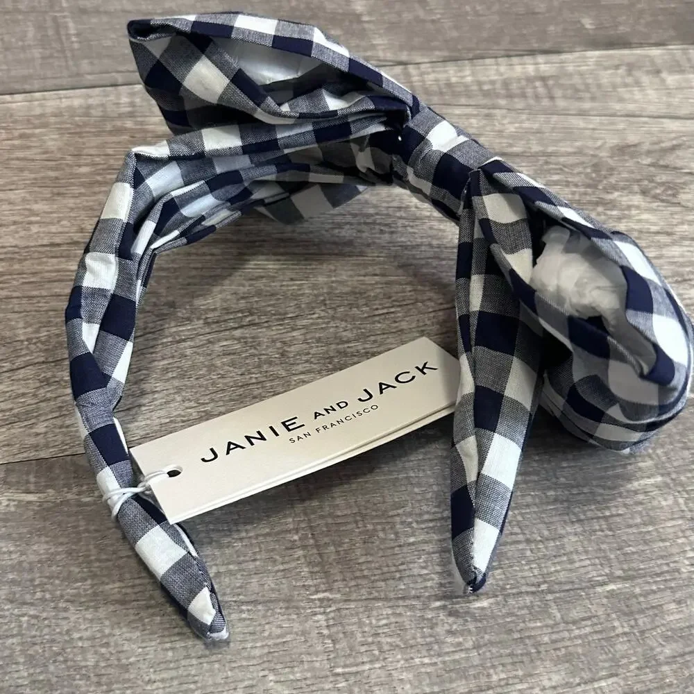 Janie and Jack NEW Set (2) Headbands Navy White Large Bow Gingham & Striped